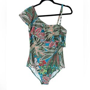 Coastal Blue One-Piece Swimsuit w One-Shoulder Ruffle Detail. Size Large. NWT